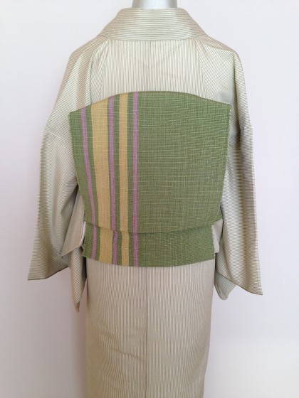 こんな着物コーデ…若草色の塩沢紬で帯遊び