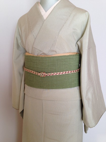 こんな着物コーデ…若草色の塩沢紬で帯遊び