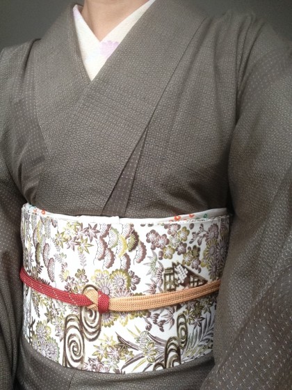 こんな着物コーディネイト…結城紬に仕立て替え染め名古屋帯